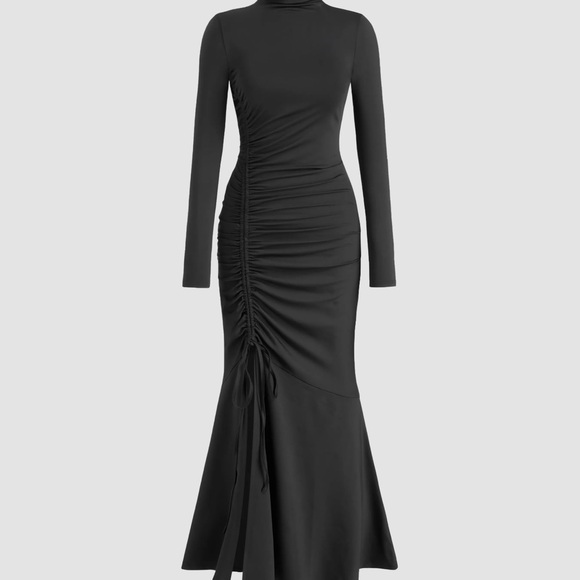 STAND COLLAR SOLID DRAWSTRING MERMAID MAXI DRESS - Picture 4 of 4